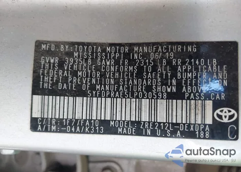 2020 Toyota Corolla L z USA, uszkodzony, nr VIN 5YFDPRAE5LP030598